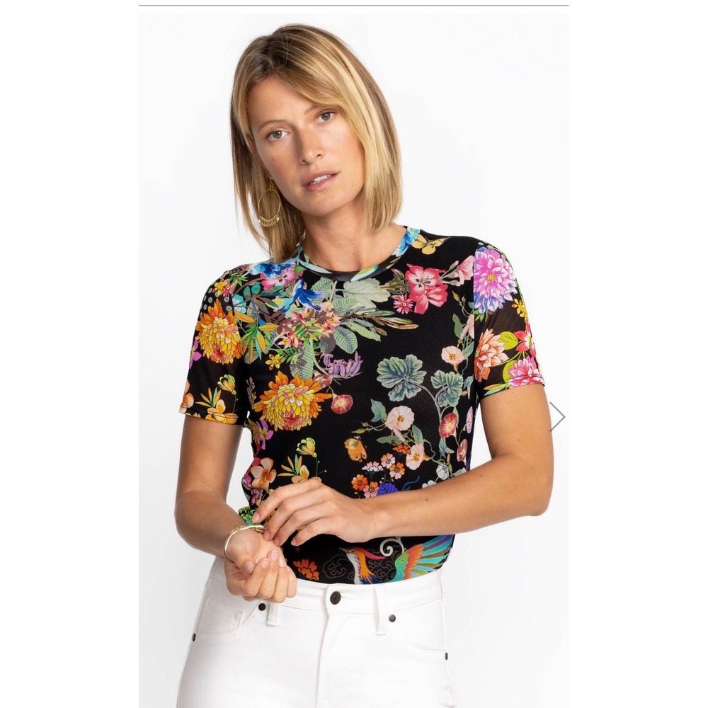 Johnny Was Small Black Floral Dreamer Mesh Short Sleeve Crew Neck Tee Top
